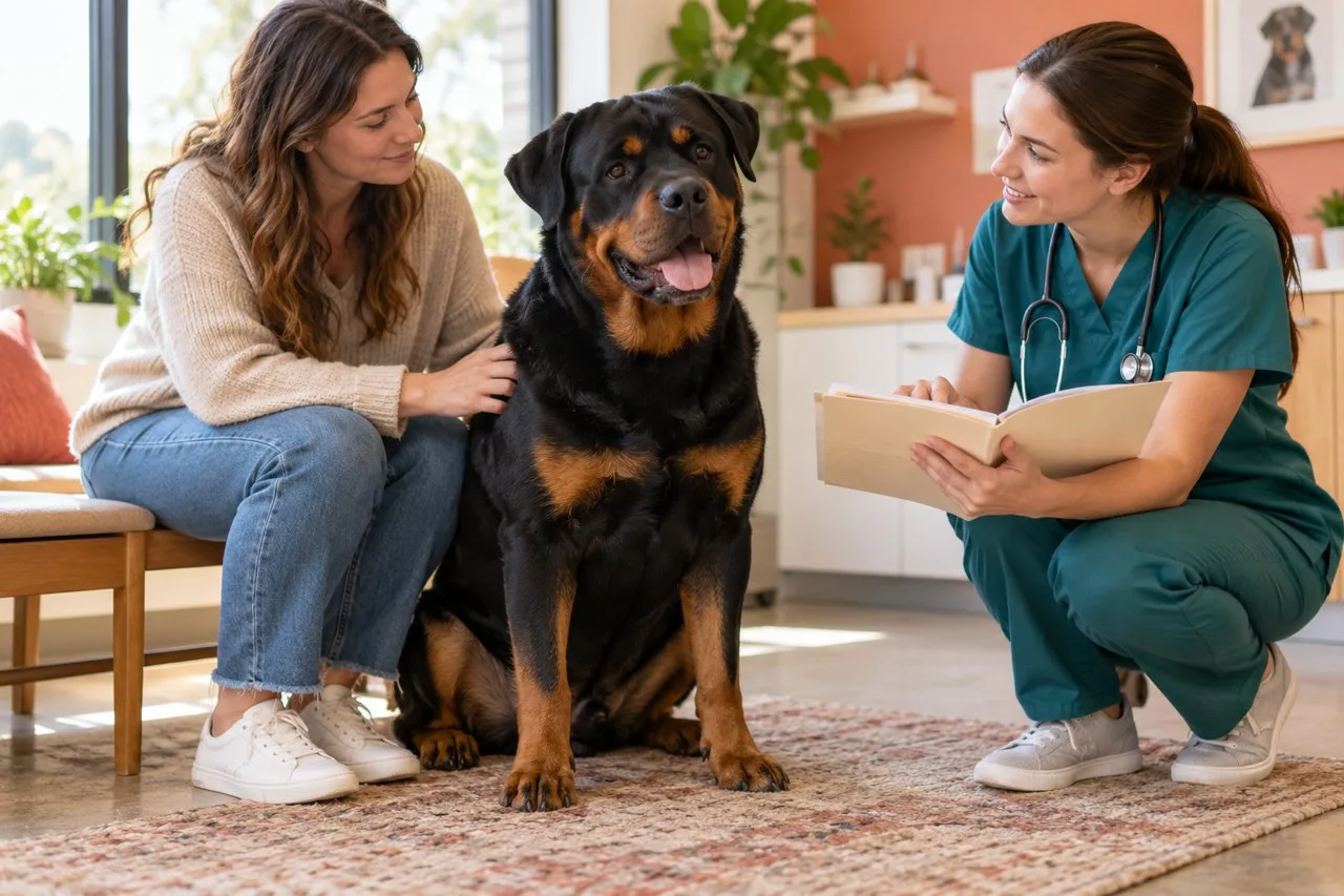 Owner and veterinary professional discussing a folder beside a large black-and-tan dog